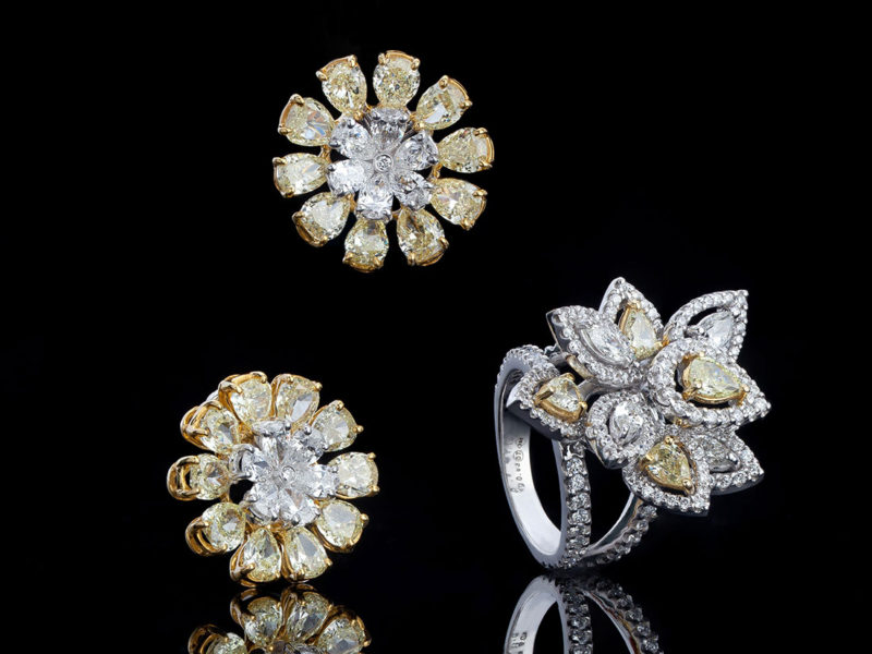 Canary and White Diamond Petal Ring & Floral Blooming Earrings