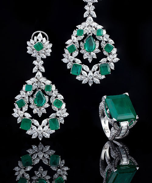 Emerald and Diamond Ring & Long Earrings